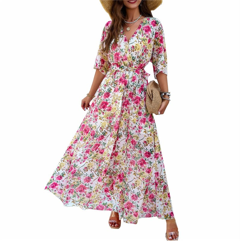 Chic Floral Print Waist Dress