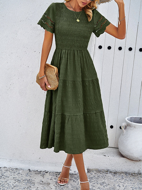 A-Line Loose Elasticity Hollow Solid Color Split-Joint Round-Neck Midi Dresses