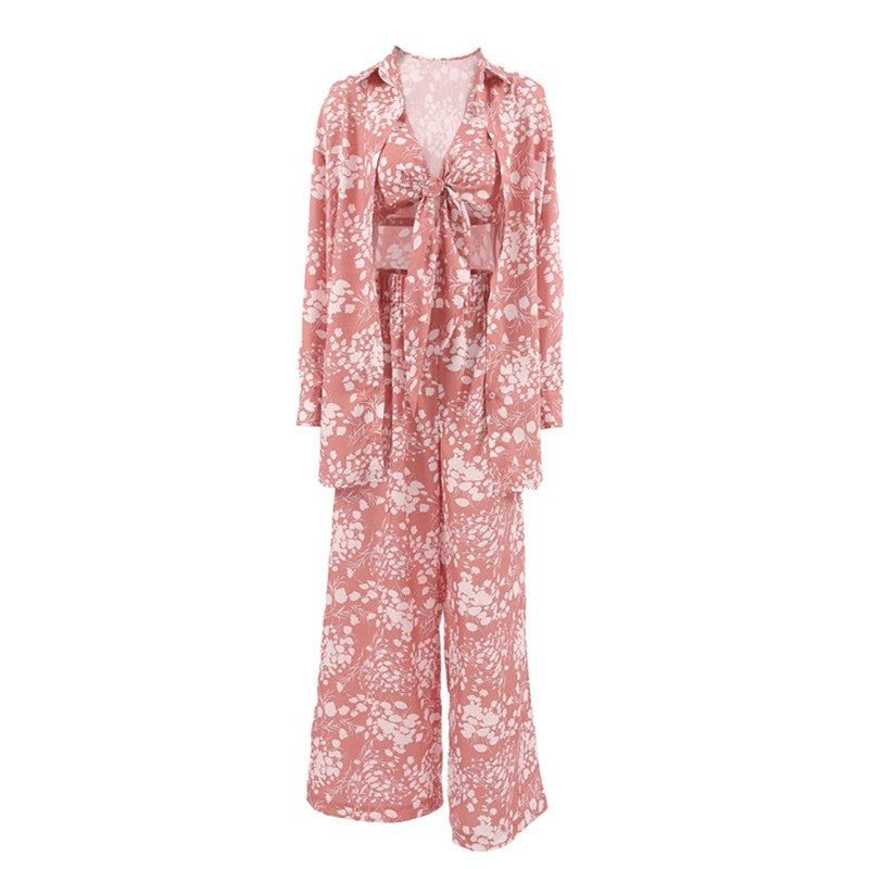 Knotted Bra and Long Sleeve Lapel Blouse with Pants Three-Piece Loungewear Set
