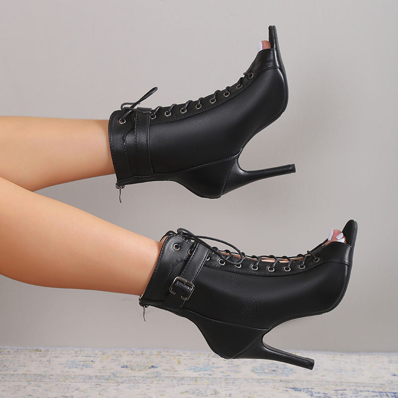 Women's Peep Toe High Heel Sandals - Lace-Up Buckle & Back Zipper Party Pumps