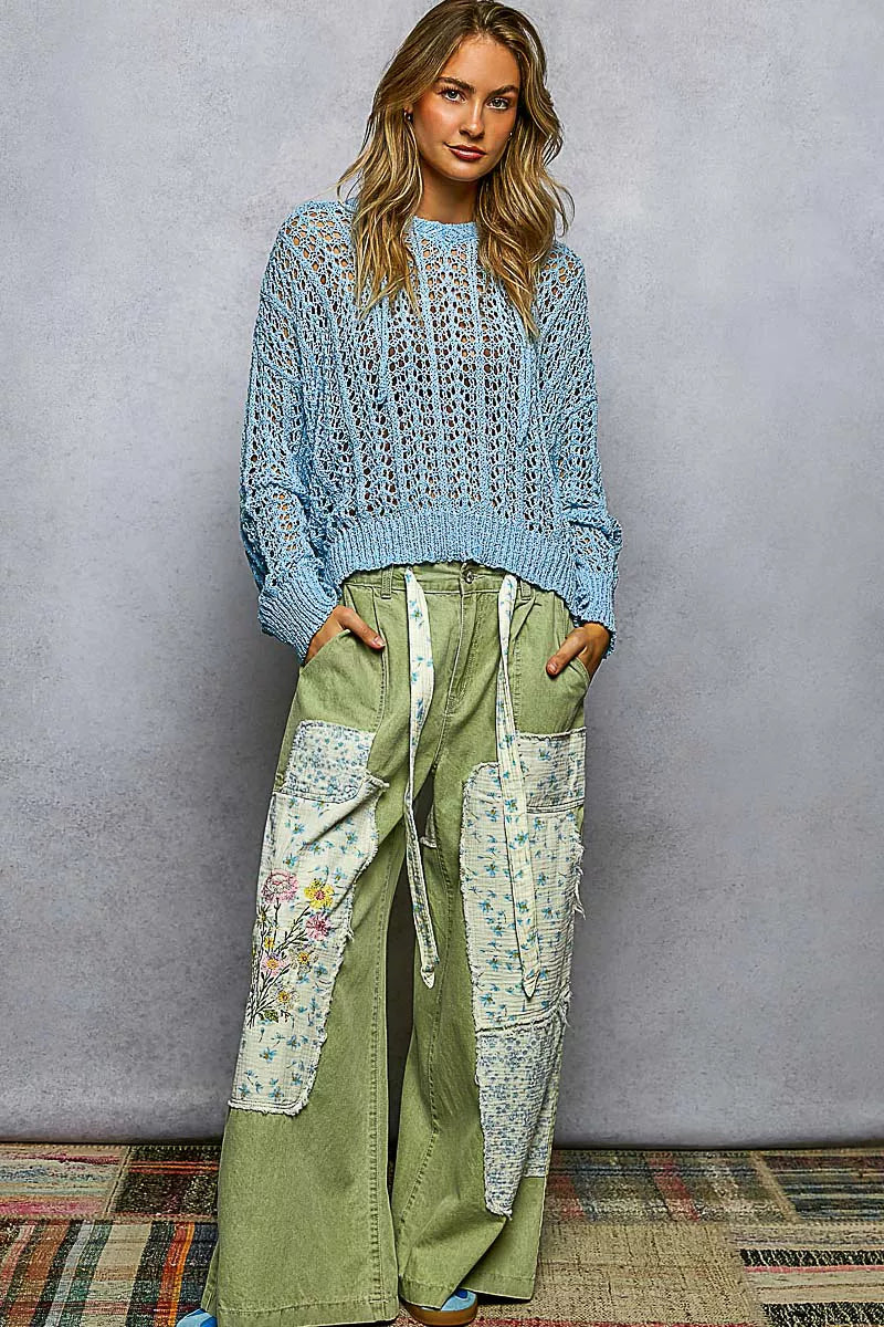 Openwork Round Neck High Low Knit Top