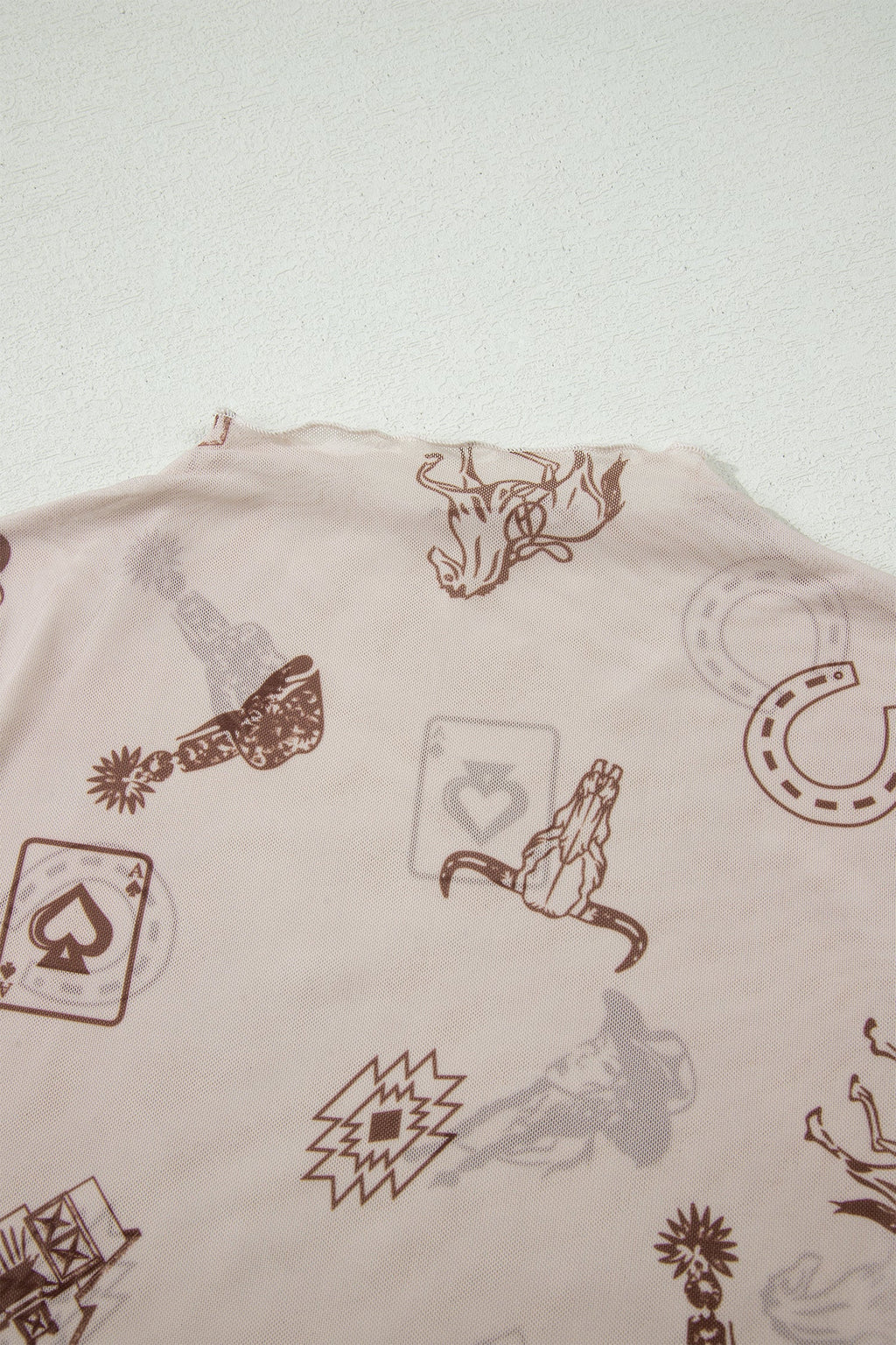 Oatmeal Western Printed Mesh Short Sleeve Top