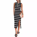 Striped Maxi Dress with Sleeveless Design and Hollow Knit Fabric, featuring Side Slits