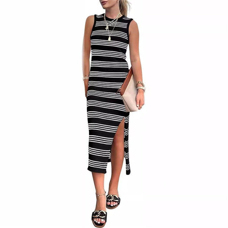 Striped Maxi Dress with Sleeveless Design and Hollow Knit Fabric, featuring Side Slits