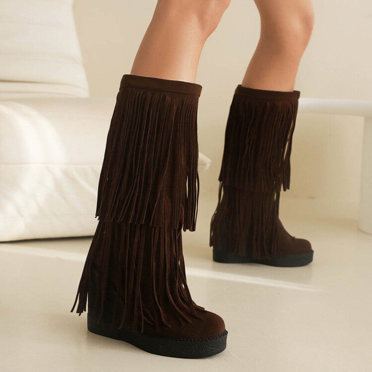 Women's Tassel Wedge Boots | High-Heel Thick-Soled Retro Fashion Boots | Black Brown Yellow