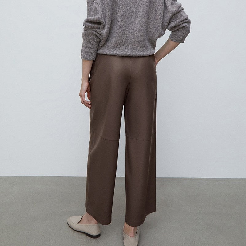 High Waisted Solid Color Straight Leg Faux Leather Pants