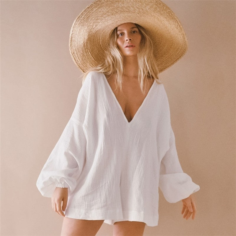 Deep V-Neck Long Sleeve Romper with Shorts in White
