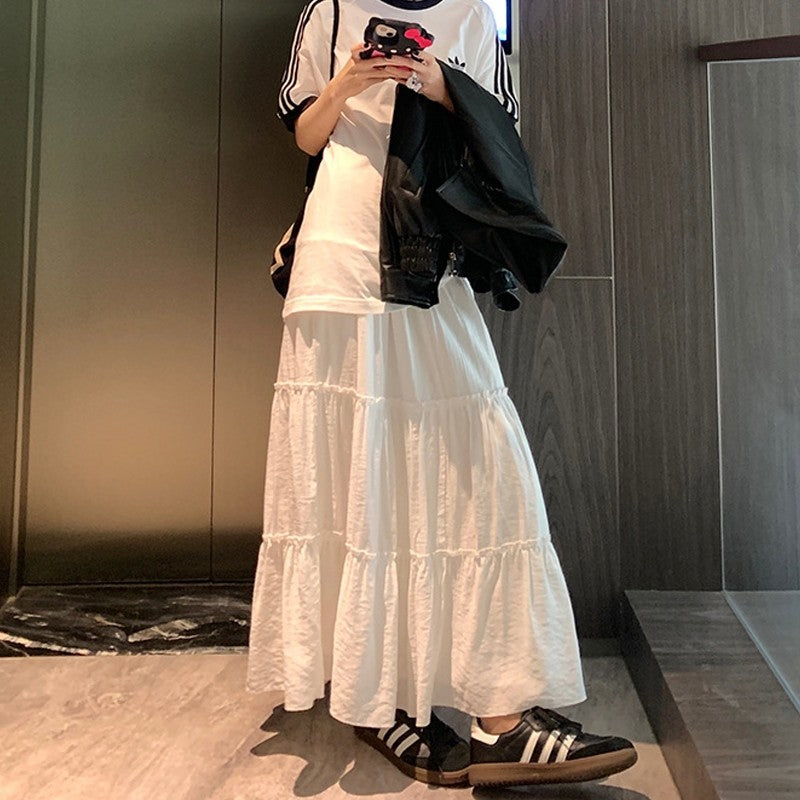 Elegant Solid Color Elastic Waist Pleated A-Line Maxi Skirt