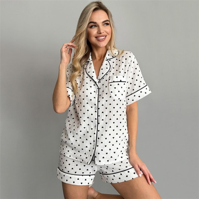 Heart Print Short Sleeve Pajama Set for Women - Breathable Fabric