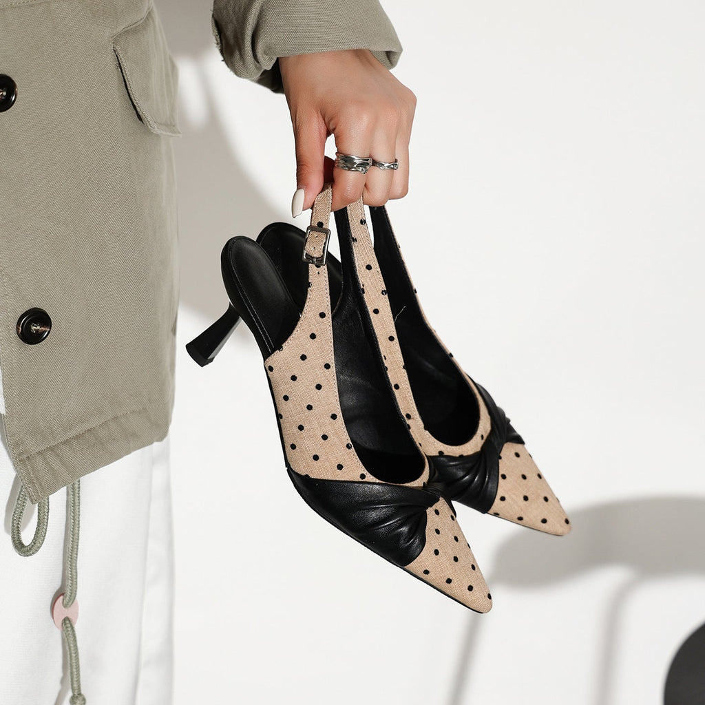 Women's Polka Dot Slingback Pumps | Pointed Toe Genuine Lambskin Heels