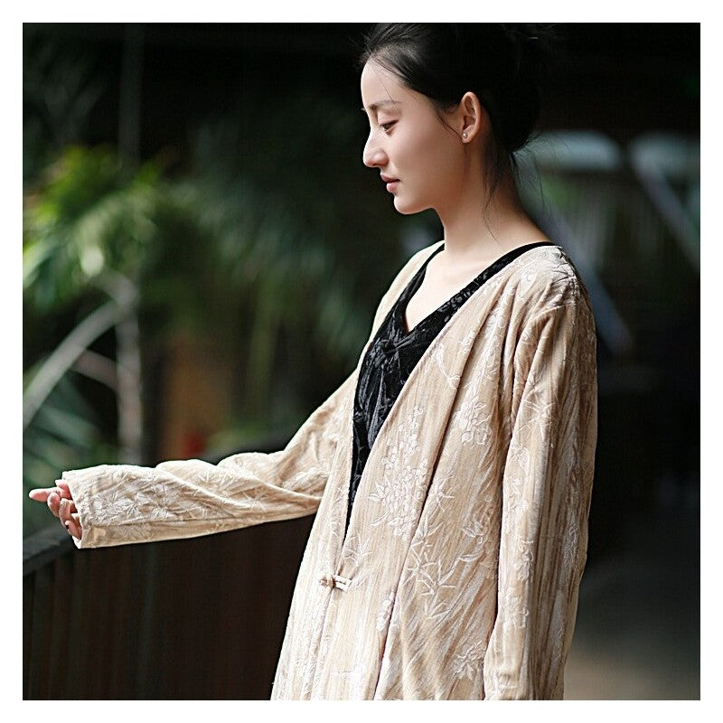 Single-Breasted Velvet Cardigan with Printed Pattern