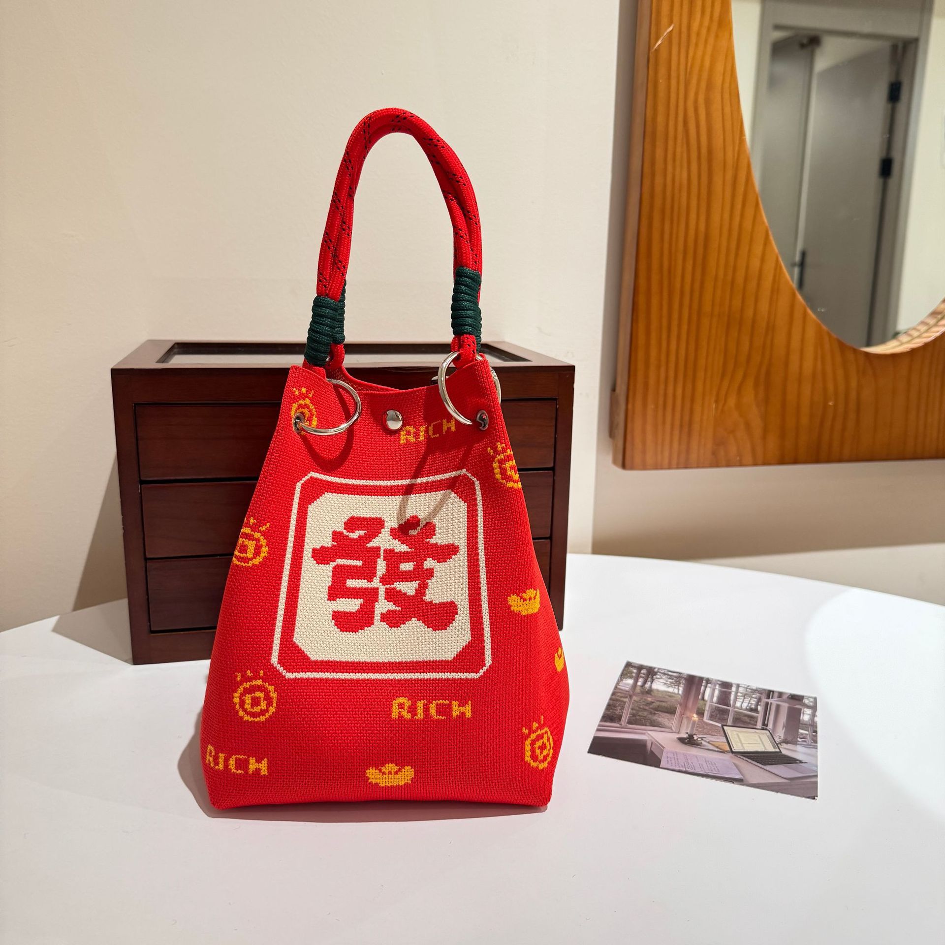 Women's Knitted Tote Bag - Large Capacity Magnetic Closure Bucket Bag