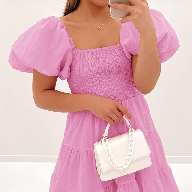 Square Neck Off-Shoulder Bubble Sleeve Dress