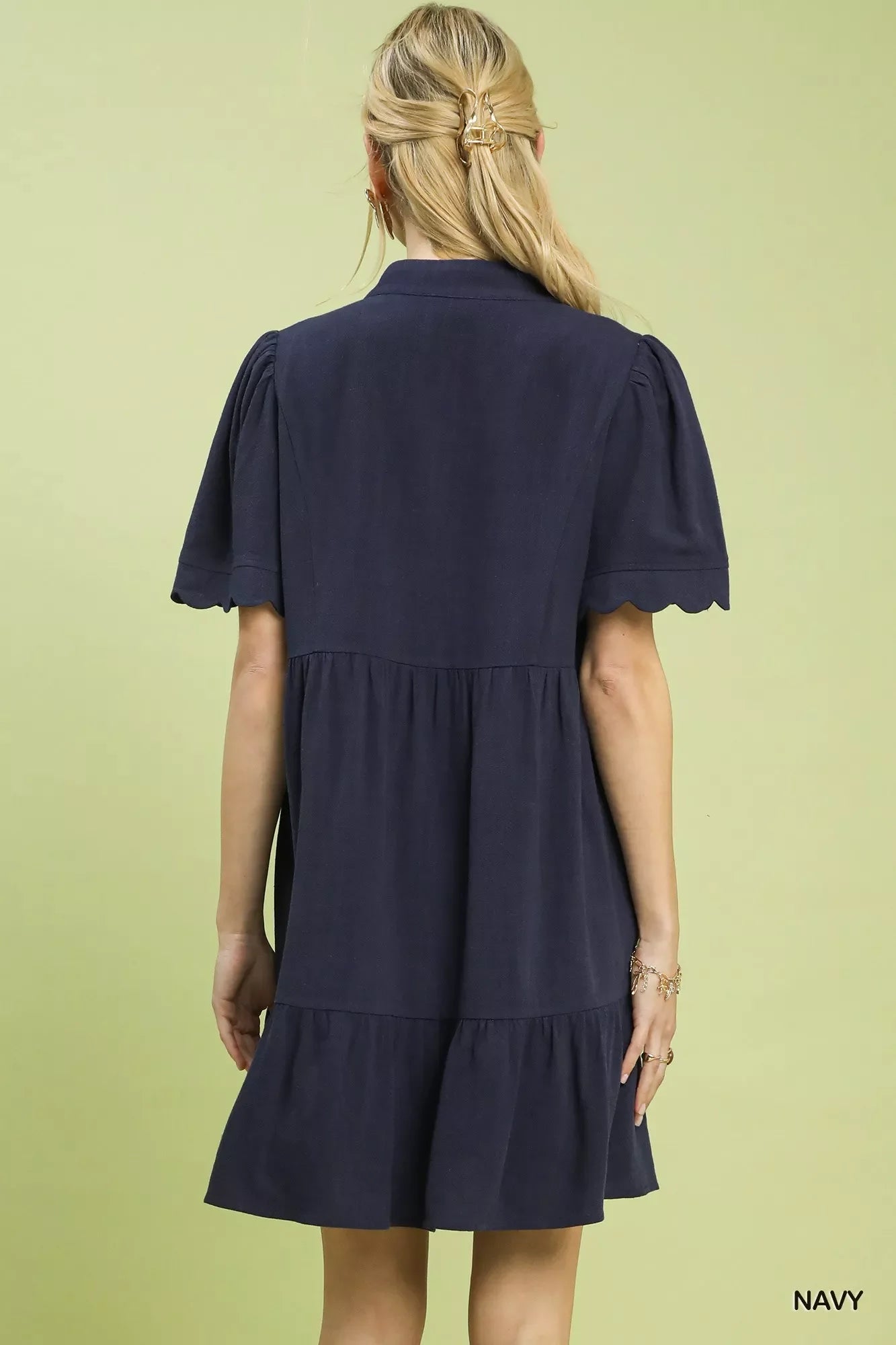 Linen Tiered Babydoll Dress with Scalloped Sleeves