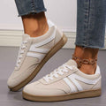Women's Lace-Up Round Toe Flat Sneakers - PU Leather Casual Slip-On Walking Shoes