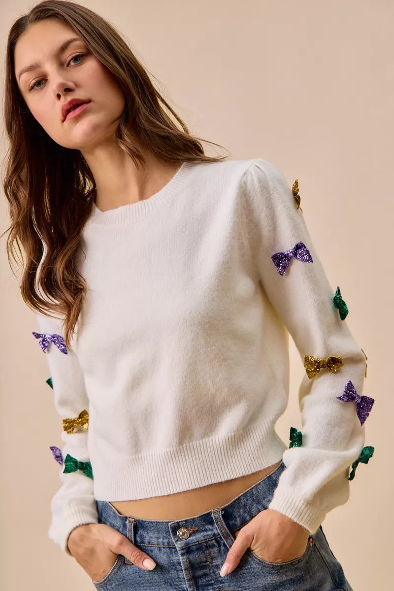 Mardi Gras Glitter Bow Ribbon Sweater Knit Top