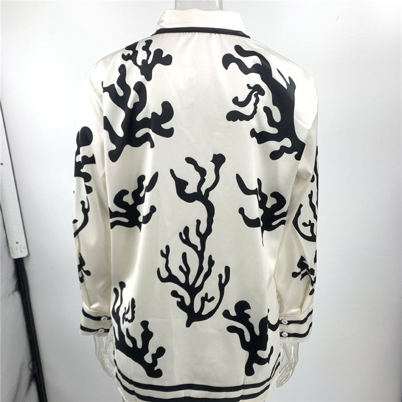 Relaxed Satin Top with Printed and Color-Blocked Design