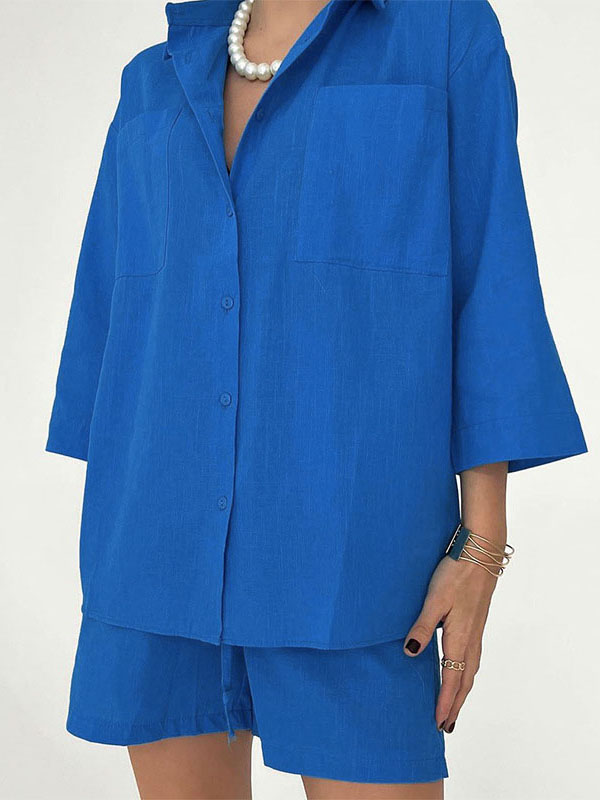 Long Sleeves Loose Drawstring Elasticity High-Waisted Solid Color Split-Joint Lapel Two Pieces Set