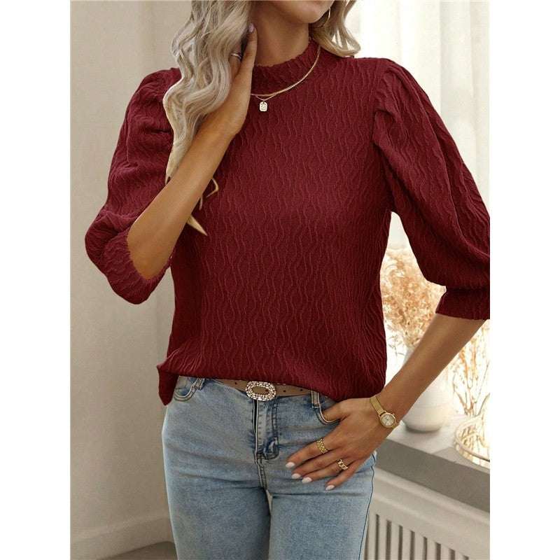 Solid Color Half Turtleneck Half Sleeve Pullover Blouse