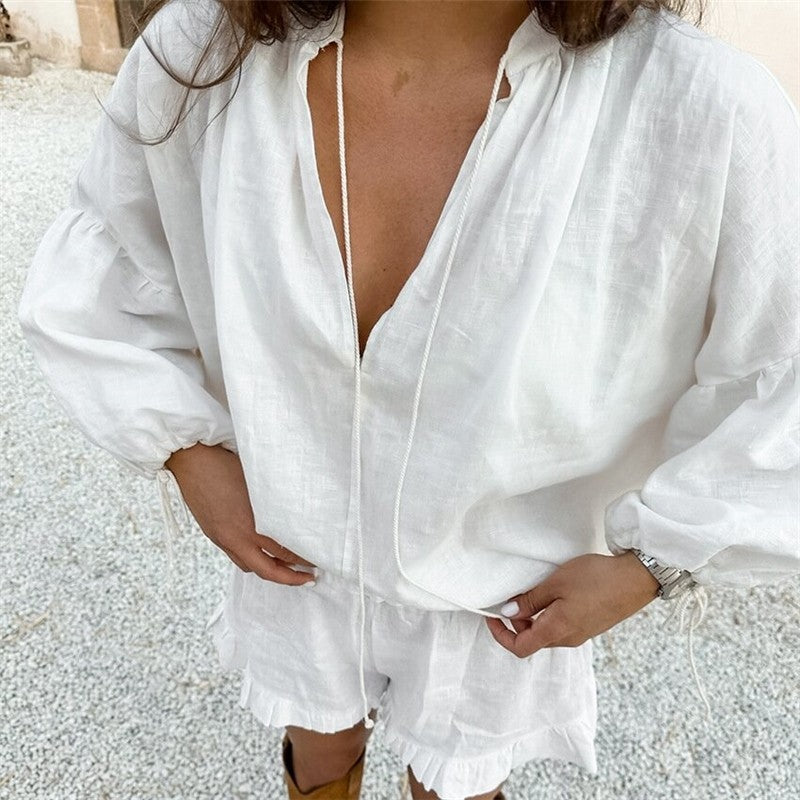 Relaxed Fit V-Neck Lantern Sleeve Solid Color Shorts Set