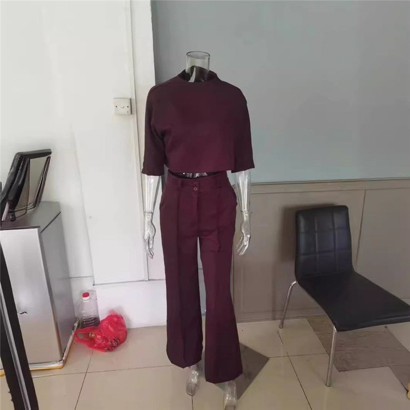 Solid Color Nine-Quarter Sleeve Top and Long Pants Ensemble