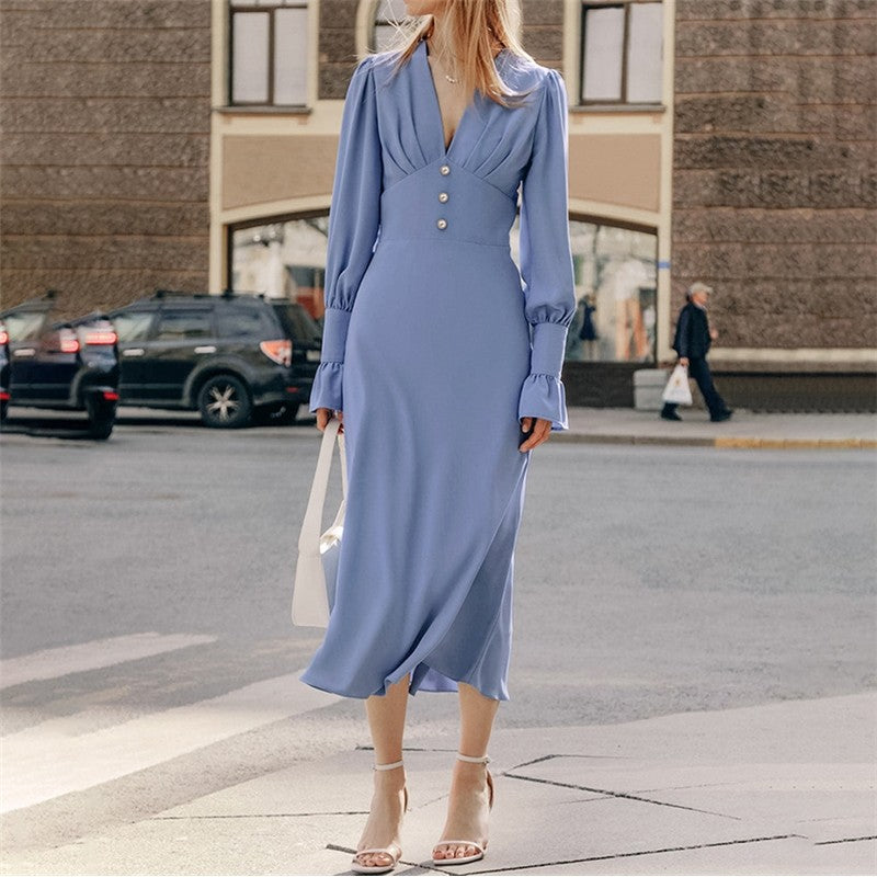 Vibrant V-Neck Midi Dress with Lantern Sleeves and High Waist