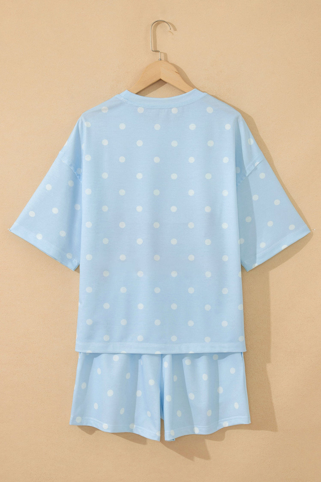 Sky Blue Exposed Seam Detail Polka Dot Loose Tee Drawstring Shorts Set