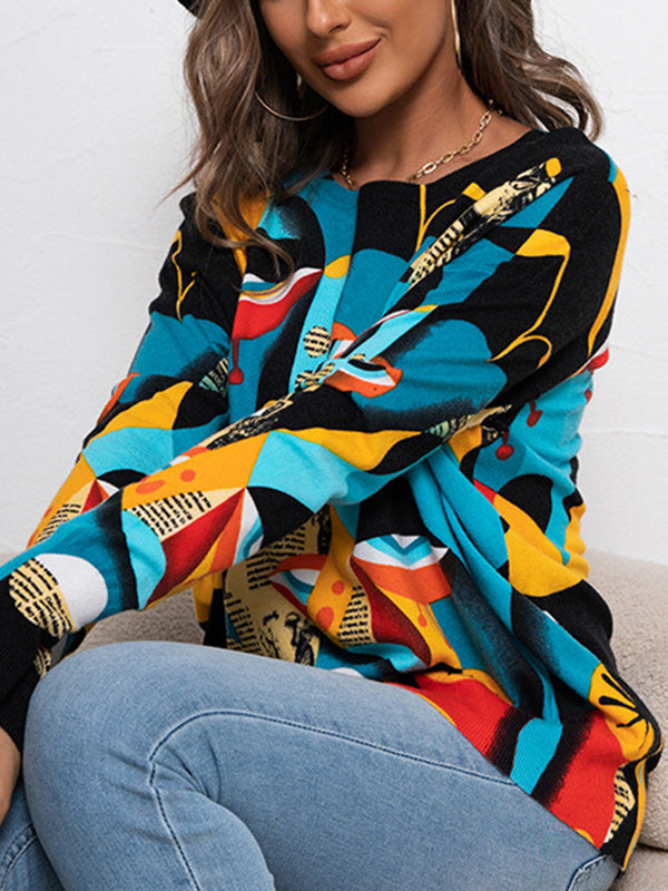 Long Sleeves Figure Printed Round-Neck Knitwear Pullovers Sweater Tops