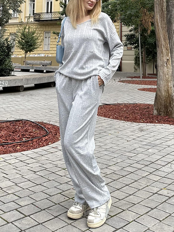 Long Sleeves Loose Solid Color V-Neck Shirt Top + Pants Bottom Pajama Sets