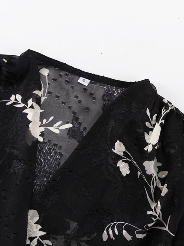 Loose Puff Sleeves Gauze Jacquard Lace-Up Pleated See-Through V-Neck Blouses&Shirts Tops
