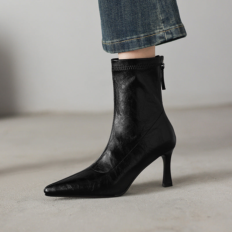 Women's Chunky Heel Ankle Boots – Pointed Toe Back Zipper | Black & Brown