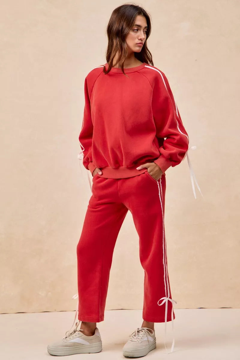 Side Lined Bow Details Fleece Sweatpants