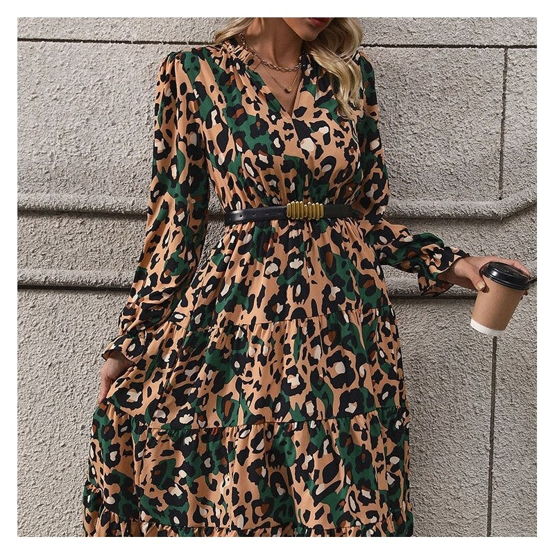 Leopard Print Belted Long Sleeve Midi Dress