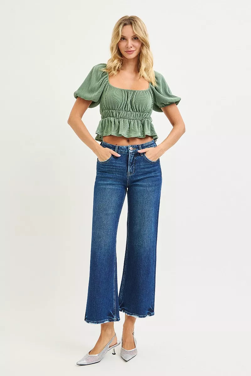 Tummy Control 4 Way Stretch High Rise Crop Wide Leg Jeans