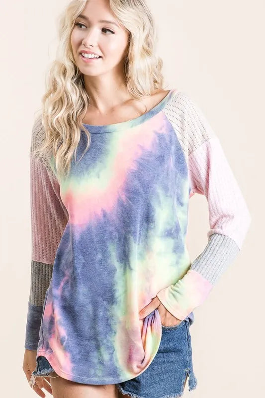 Tie Dye Terry Top With Color Block Pointelle Knit