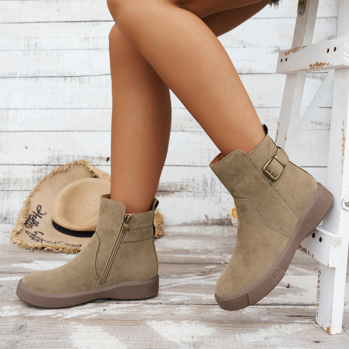 Women's Round Toe Ankle Boots with Side Zipper - Flat Heel Suede Boots