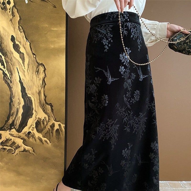 Velvet Half Skirt with Floral and Bird Embroidery