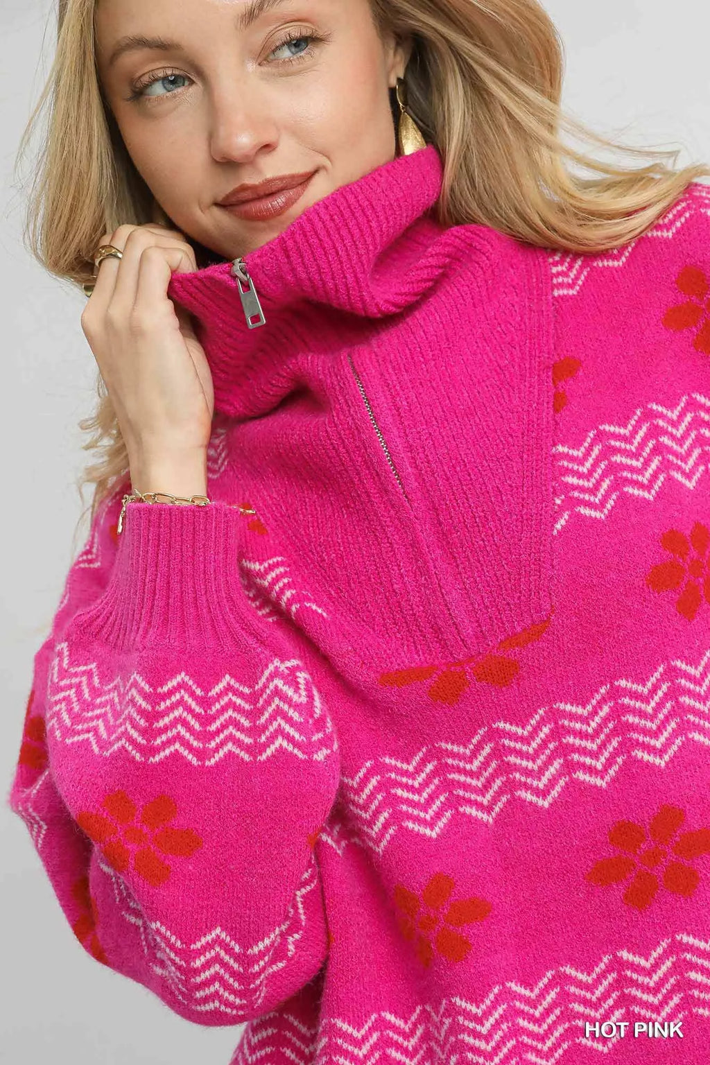 Floral Patterned Jacquard Quarter-Zip Pullover Sweater