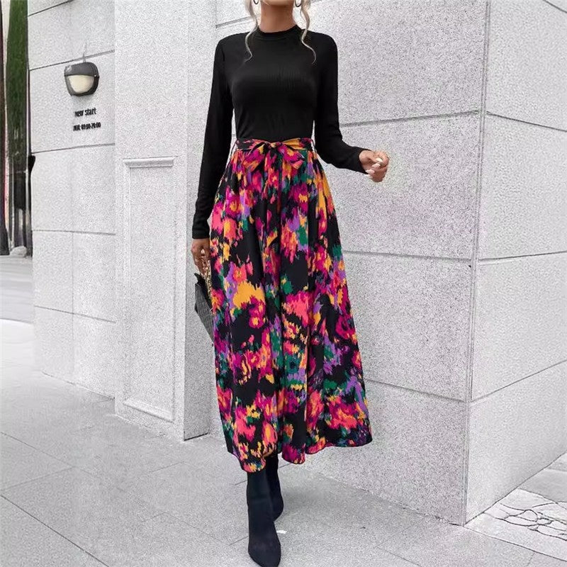Long Sleeve Stand Collar Floral Printed Patchwork A-Line Tied Maxi Dress