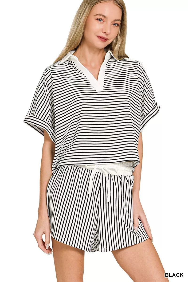 Striped Collared Top & Shorts Set