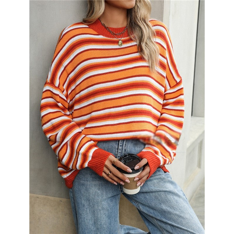 Long Sleeve Crewneck Contrast Color Striped Casual Loose Knitted Sweater
