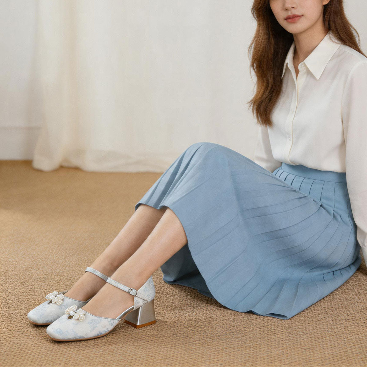 Women's Jacquard Platform Heels | Pearl Bow Square-Toe Chunky Heel Shoes