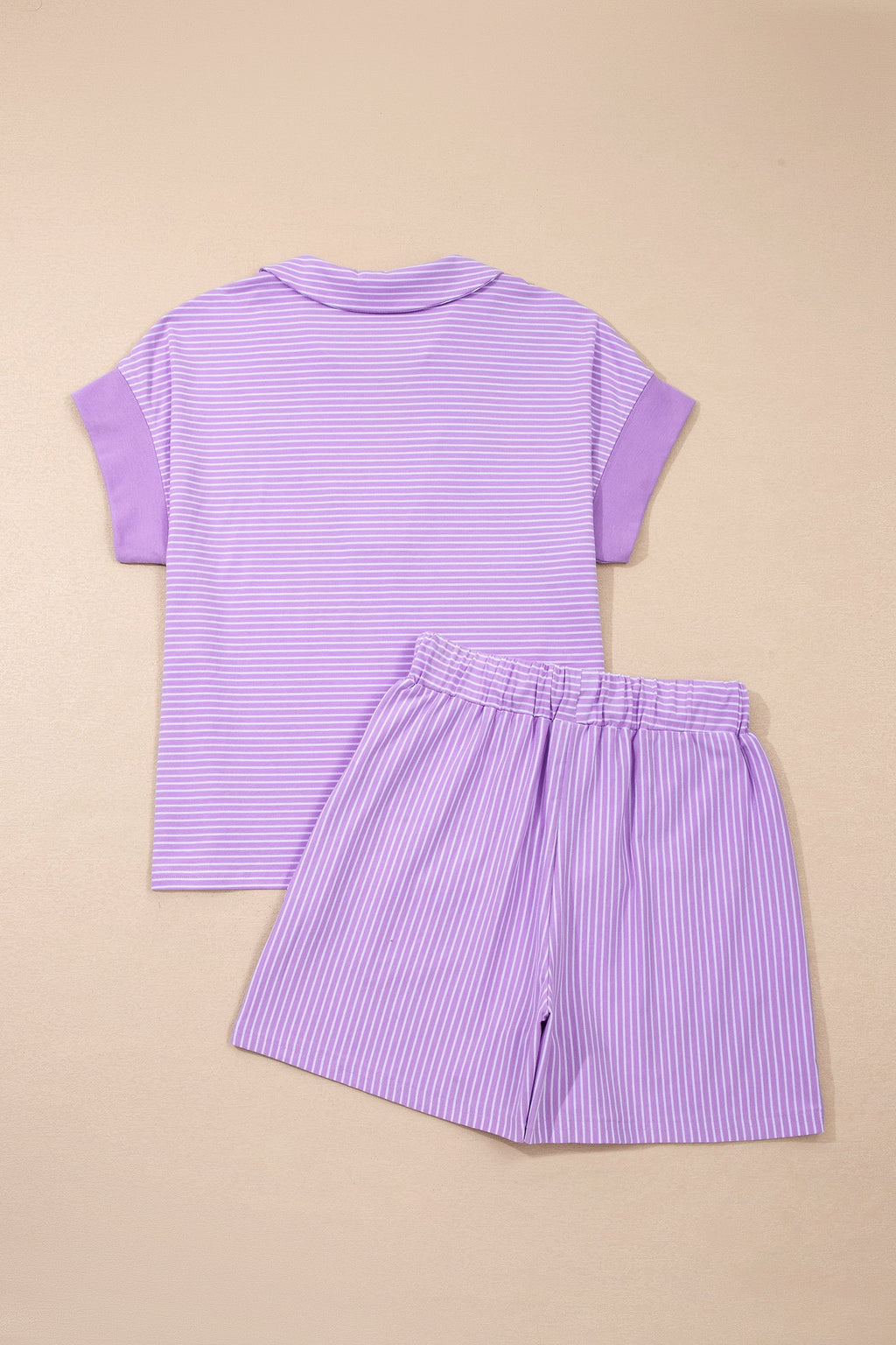 Purple Stripe Dolman Sleeve Polo Shirt and Drawstring Shorts Set