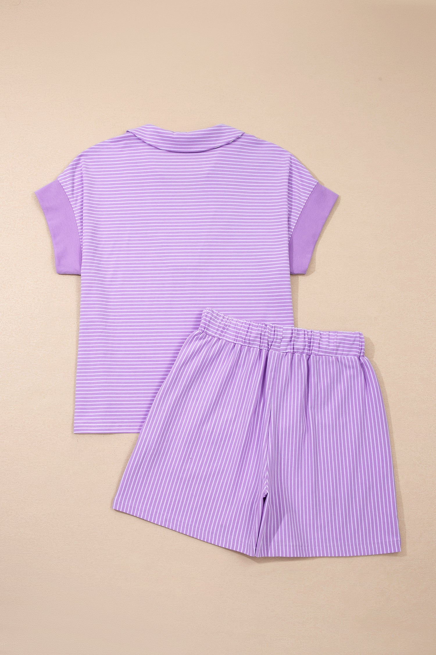 Purple Stripe Dolman Sleeve Polo Shirt and Drawstring Shorts Set
