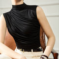 Solid Color Half Turtleneck Sleeveless Pleats Tank Top
