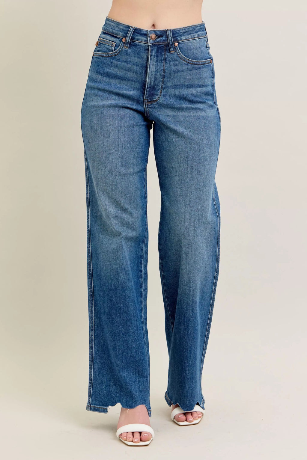 Full Size High Waist Tummy Control Chew Hem Destroy Wide Jeans Plus Size