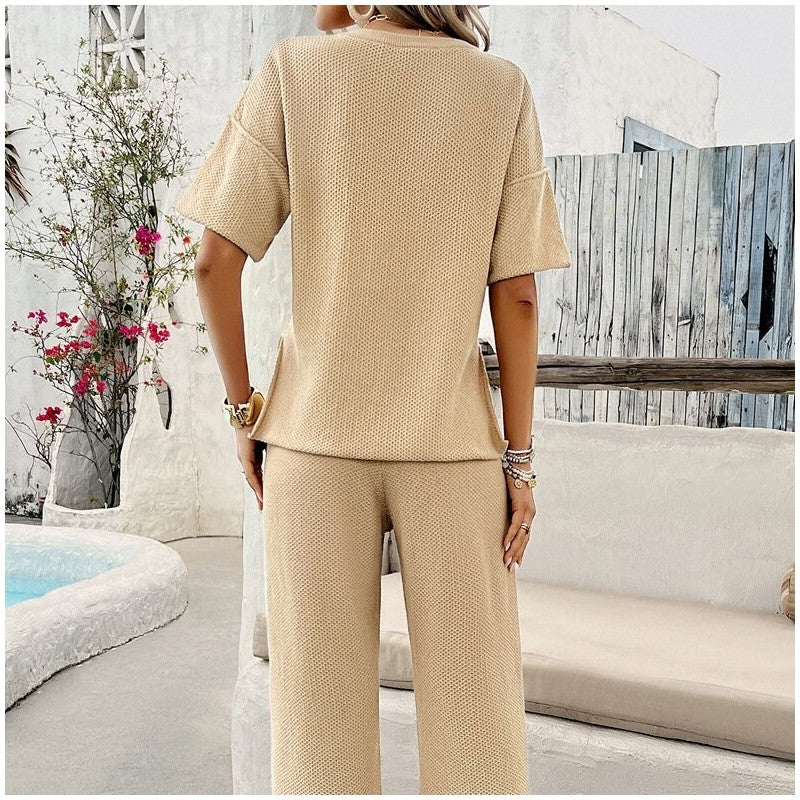 Solid Color Knit Short Sleeve Long Pants Set