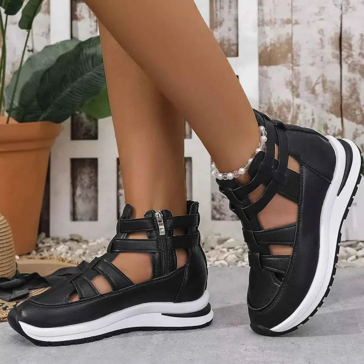Women's Cutout Platform Sneakers | Low Heel PU Leather Shoes