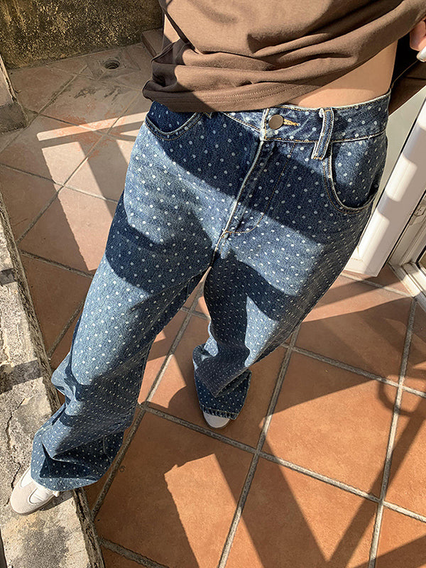 Loose Wide Leg Polka-Dot Split-Joint Jean Pants Bottoms
