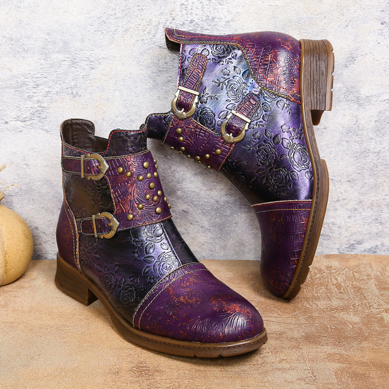 Women's Ethnic Rivet Buckle Boots - Cowhide Leather Fashion Ankle Boots with Side Zipper